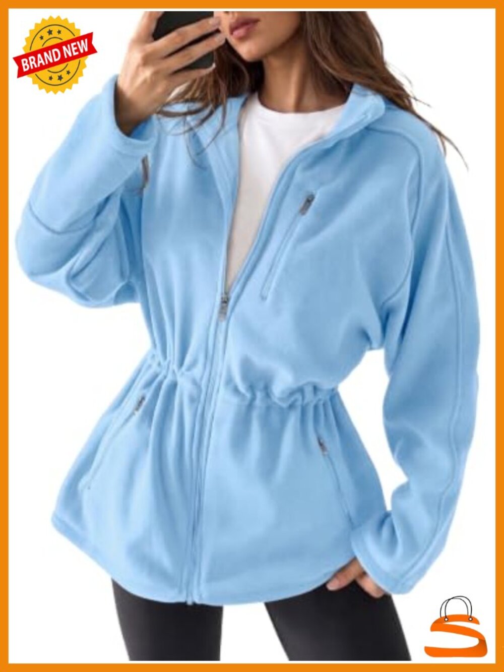 Fuzzy Fleece Zip Up Jacket Drawstring Waist Hooded Oversized